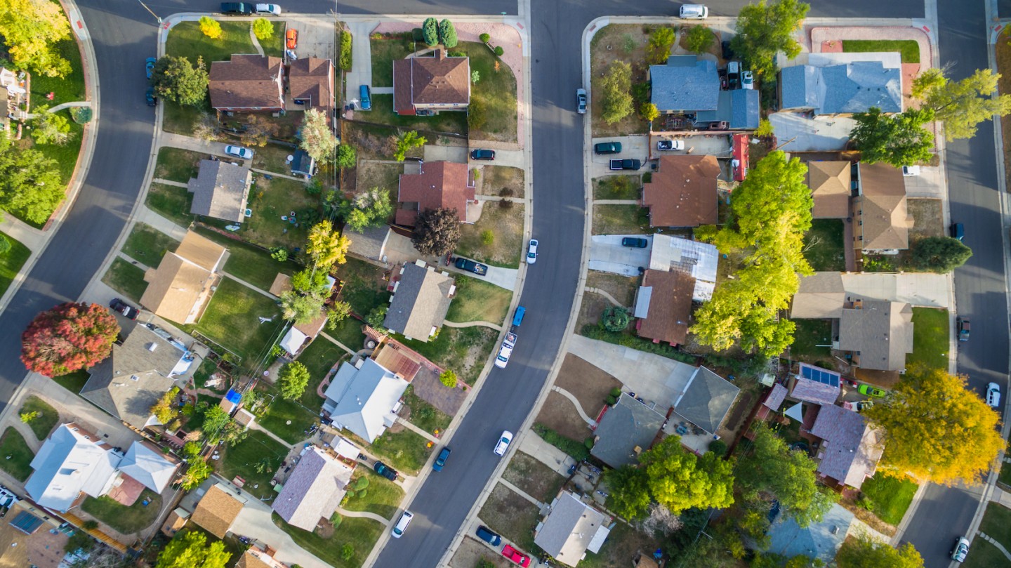 Aerial,View,Of,Residential,Neighborhood,In,The,Autumn.